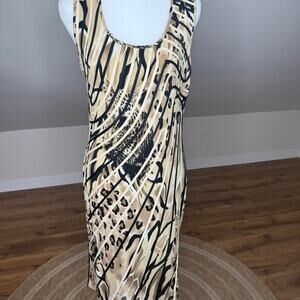 Frank Lyman Design Black, Beige & Cream Printed Scoop Neck Midi Dress